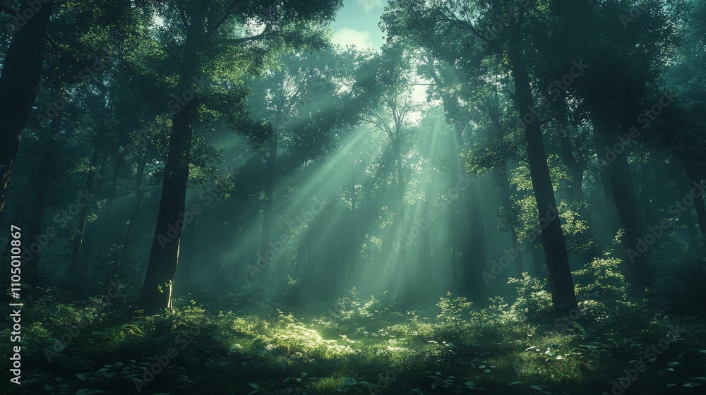 Fototapeta premium Sunbeams Piercing Through Forest Canopy