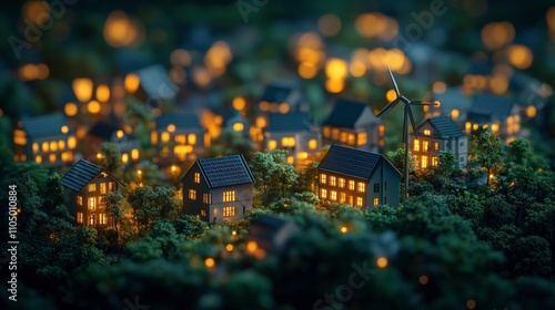 Charming miniature village illuminated at night with glowing windows surrounded by lush greenery and a wind turbine in the background, evoking a serene atmosphere