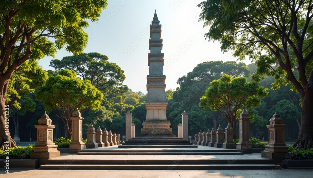 Obraz premium Statue in park with steps and columns