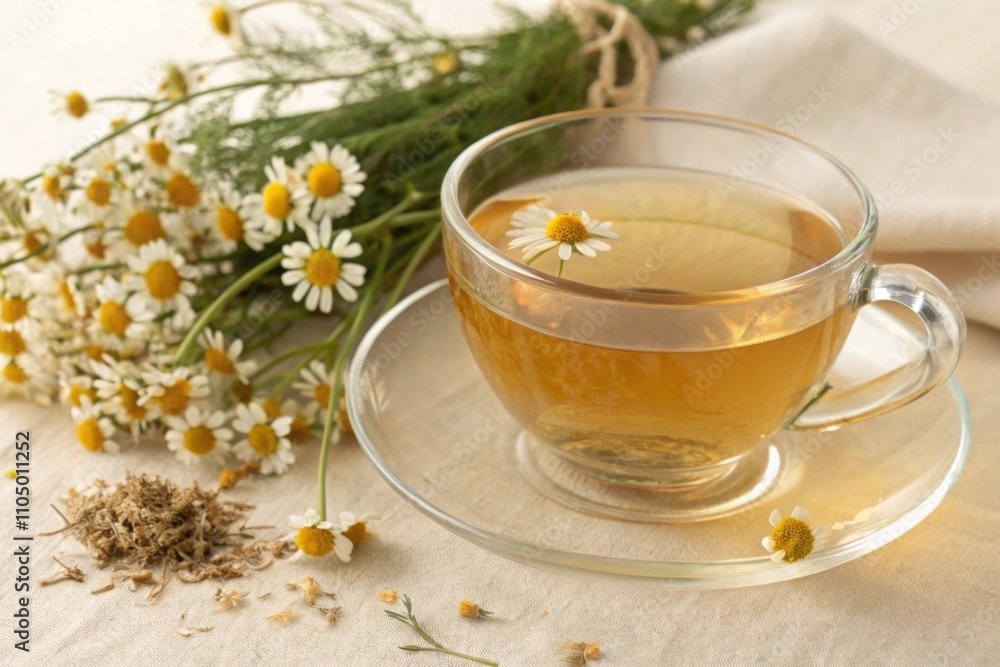 Chamomile tea served in a clear glass cup with fresh chamomile flowers nearby Chamomile tea served in a clear glass cup with fresh chamomile flowers nearby