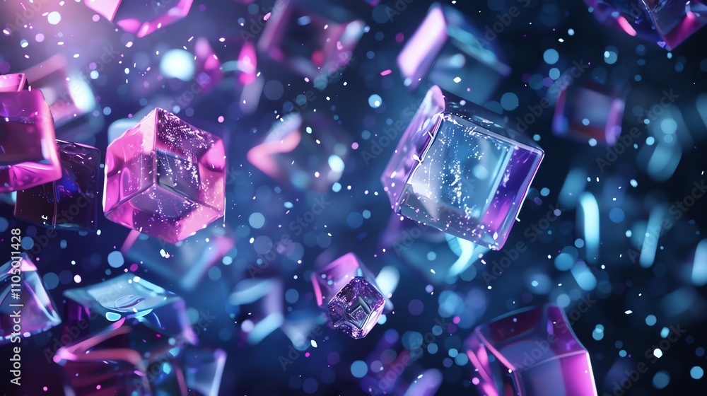 A collection of blue, purple, and pink glass cubes falling against a dark background. A collection of blue, purple, and pink glass cubes falling against a dark background.