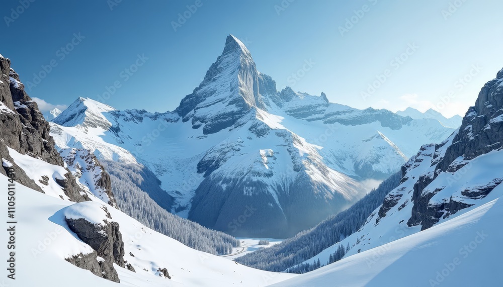 Fototapeta premium Majestic snowy mountain peaks in a serene landscape