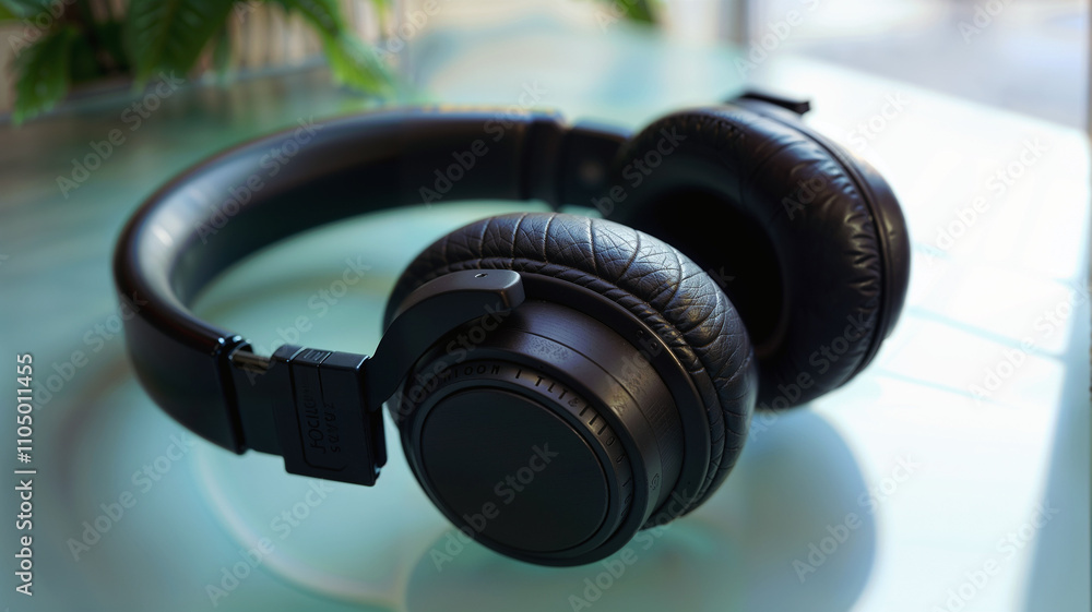 Headphones on table, closeup. Music concept. Headphones on table, closeup. Music concept.