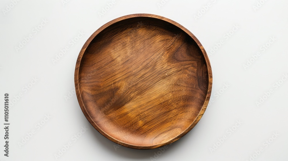 Empty wooden plate seen from above against white backdrop Empty wooden plate seen from above against white backdrop