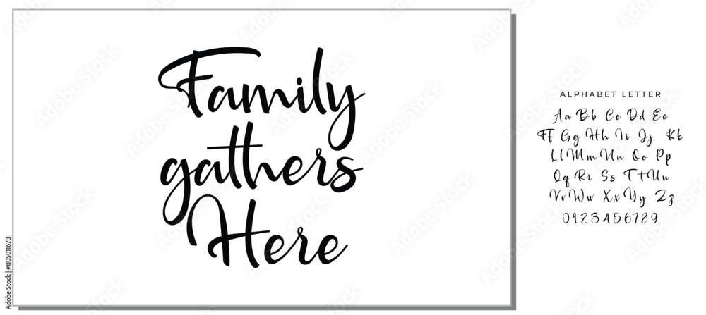 Family gathers here, Wording design, lettering, Family birds silhouettes on branch and heart illustration, artwork design, Modern poster in a frame Family gathers here, Wording design, lettering, Family birds silhouettes on branch and heart illustration, artwork design, Modern poster in a frame