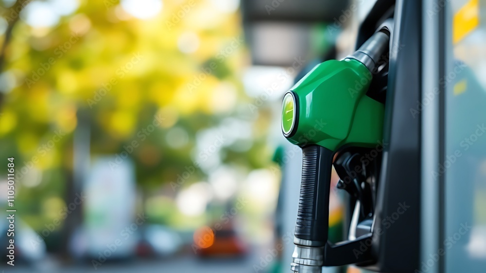 Close up green biofuel gas pump fueling car. Close up green biofuel gas pump fueling car.
