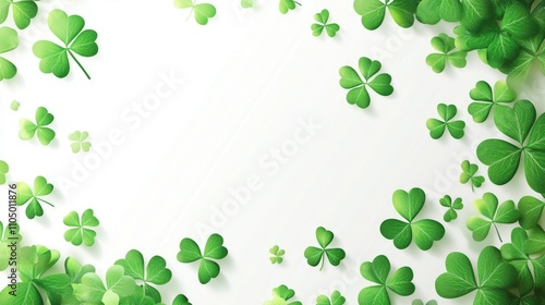 A St. Patrick's Day banner featuring shamrock leaves in a crisp vector illustration style. The design is framed with an ultra-wide angle, soft shadowing, and a professional high-resolution finish photo