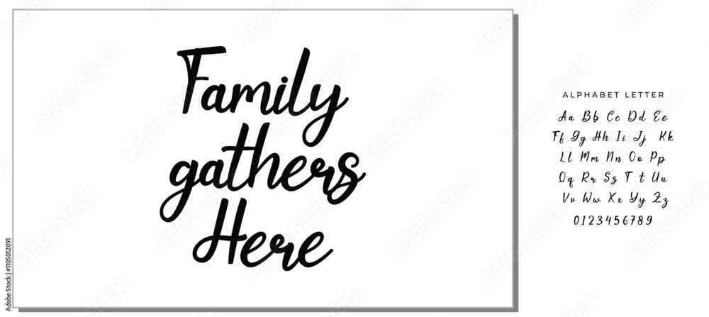 Family gathers here, Wording design, lettering, Family birds silhouettes on branch and heart illustration, artwork design, Modern poster in a frame Family gathers here, Wording design, lettering, Family birds silhouettes on branch and heart illustration, artwork design, Modern poster in a frame