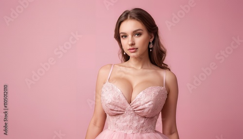 Stunning Woman in Pink Dress Against Pastel Background: A Portrait of Elegance and Beauty