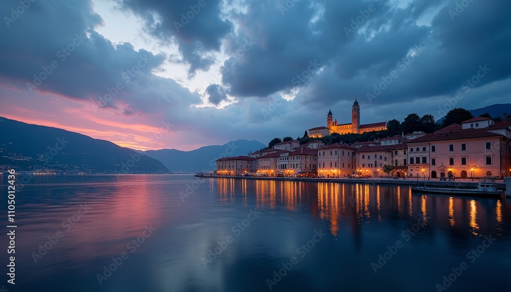 Fototapeta premium Sunset illuminates Italian lakeside village with warm hues
