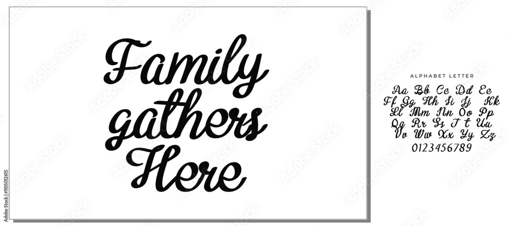 Family gathers here, Wording design, lettering, Family birds silhouettes on branch and heart illustration, artwork design, Modern poster in a frame Family gathers here, Wording design, lettering, Family birds silhouettes on branch and heart illustration, artwork design, Modern poster in a frame
