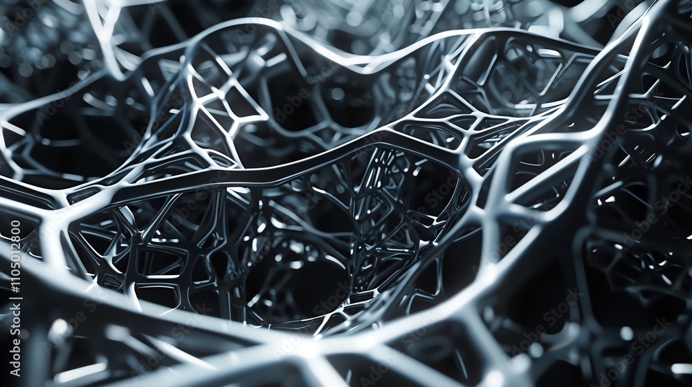 A 3D rendering of a complex, interwoven metallic structure. A 3D rendering of a complex, interwoven metallic structure.