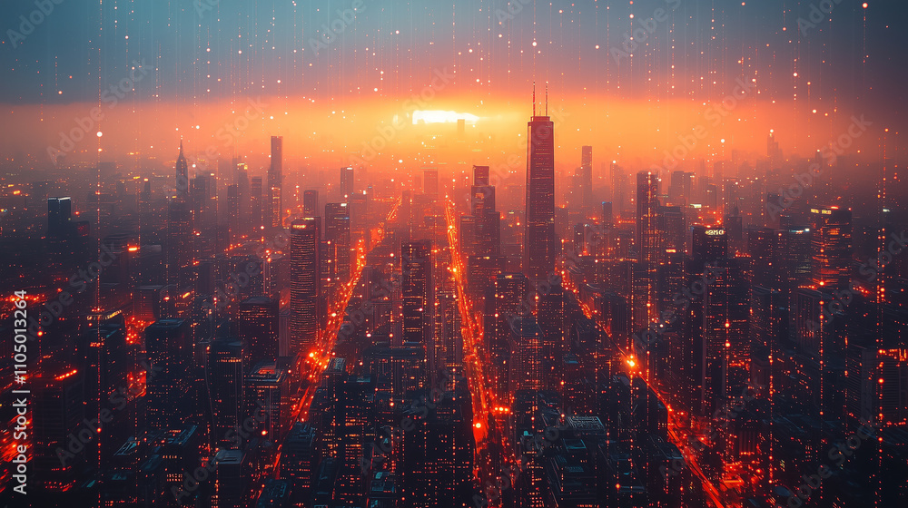 Fototapeta premium Dramatic cityscape at sunset with glowing lights and falling rain, blurred urban view
