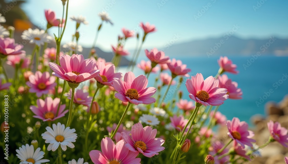 Beautiful pink flowers with white centers, growing in front of a stunning blue ocean and mountain landscape on a sunny day Beautiful pink flowers with white centers, growing in front of a stunning blue ocean and mountain landscape on a sunny day