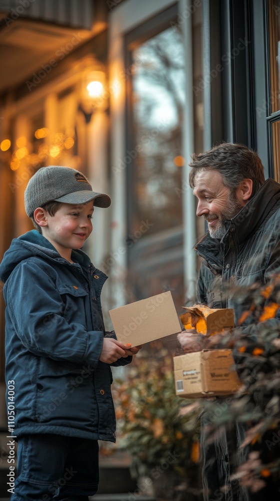 Heartwarming Labor Appreciation Day Scene Child Thanks Delivery Driver with Card in Warm Outdoor Setting Heartwarming Labor Appreciation Day Scene Child Thanks Delivery Driver with Card in Warm Outdoor Setting
