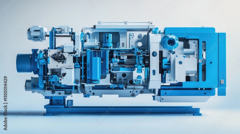 A vibrant image of a plastic injection molding machine with a blue and white exterior, featuring open molds and detailed mechanical parts on a clean white canvas. A vibrant image of a plastic injection molding machine with a blue and white exterior, featuring open molds and detailed mechanical parts on a clean white canvas.
