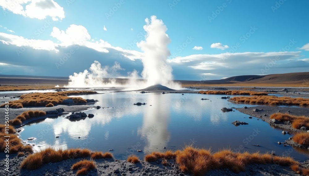 Fototapeta premium Geyser eruption in wilderness with reflection on water surface