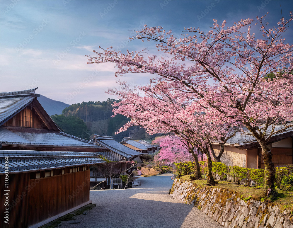 Fototapeta premium Street with traditional Japanese houses and blooming sakura trees