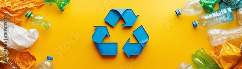 Wallpaper Mural A blue recycling symbol encircled by orange and green plastic fragments on a bold yellow background, emphasizing the importance of recycling and waste management Torontodigital.ca