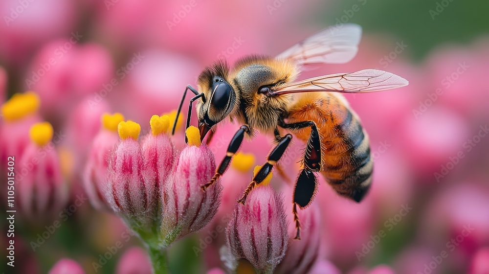 A close-up of a honeybee pollinating a pink flower. A close-up of a honeybee pollinating a pink flower.