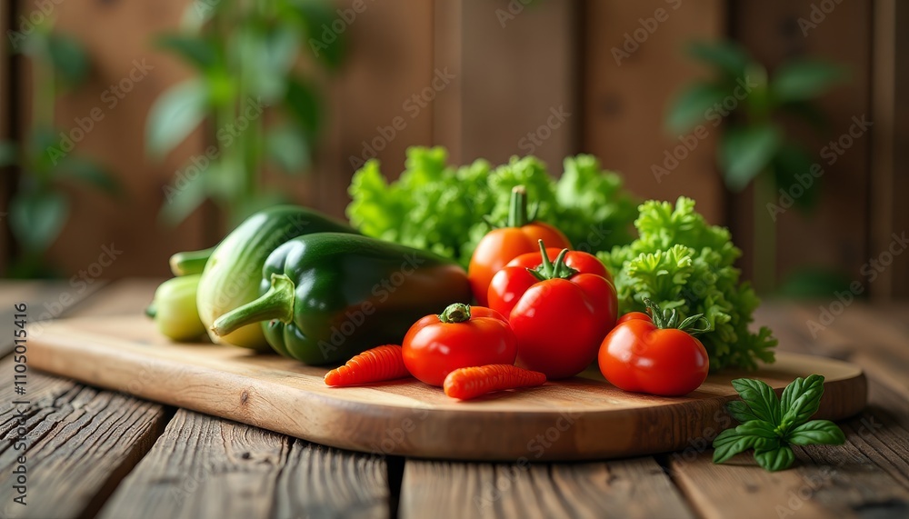 A rustic wooden table adorned with a variety of fresh vegetables A rustic wooden table adorned with a variety of fresh vegetables