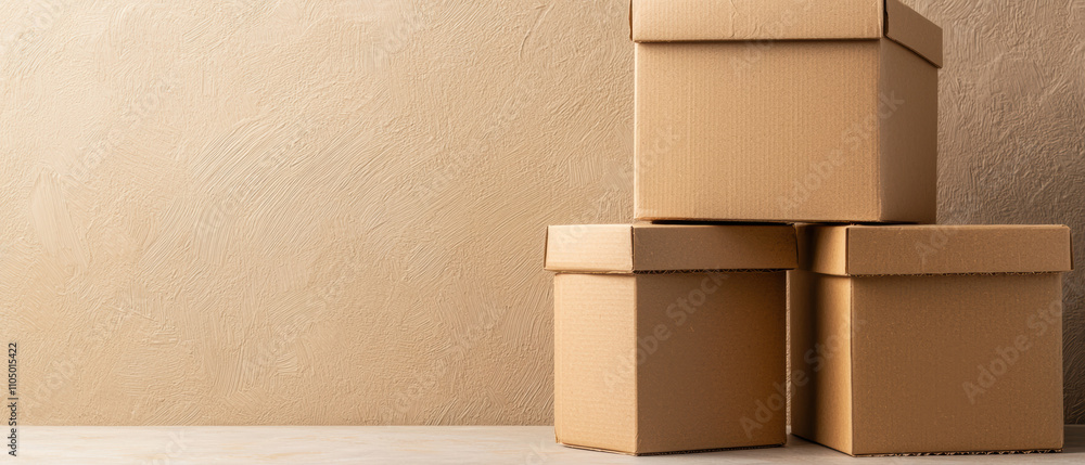 Recycle upcycling management concept. A stack of brown cardboard boxes against a textured beige background, ideal for packaging or storage-related themes. Recycle upcycling management concept. A stack of brown cardboard boxes against a textured beige background, ideal for packaging or storage-related themes.