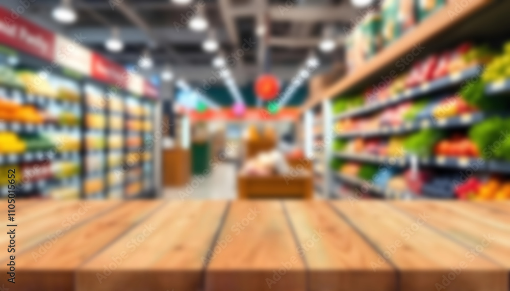 Obraz premium Wood-table-top-with-supermarket-grocery-store-blur 