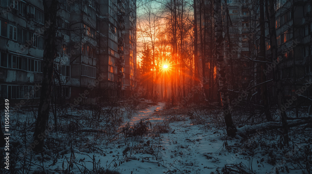 Fototapeta premium Winter urban scene with sun rays breaking through bare trees, surrounded by snow and abandoned buildings