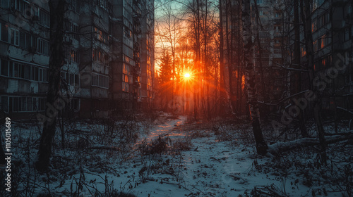 Wallpaper Mural Winter urban scene with sun rays breaking through bare trees, surrounded by snow and abandoned buildings Torontodigital.ca