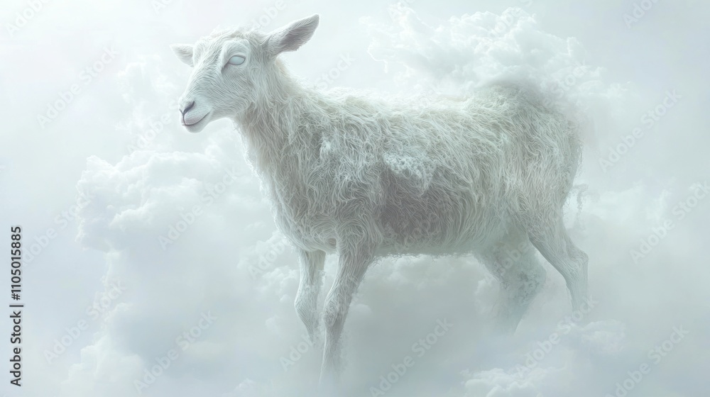 Fototapeta premium A white ethereal sheep floats among the clouds