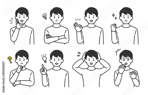 いろいろな表情やポーズをする若い男性のセット【人物ベクターイラスト素材】