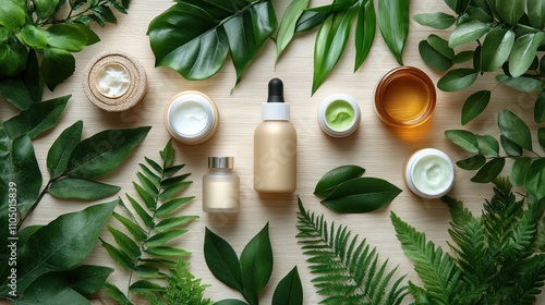 Natural Beauty Products on Wooden Background with Green Leaves