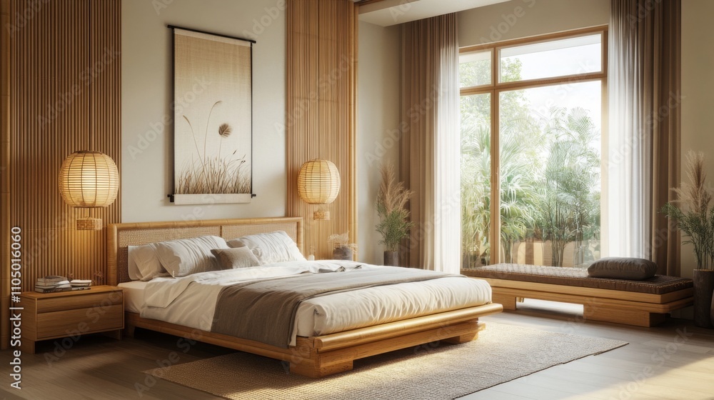 Fototapeta premium Serene Japanese-Inspired Bedroom Design