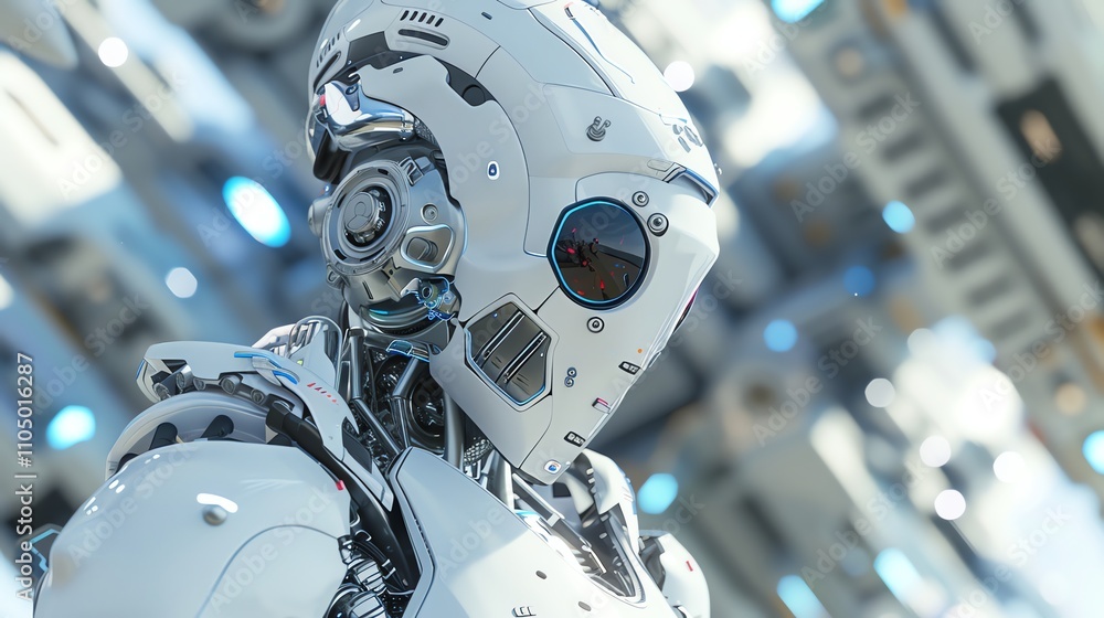 A close-up of a white humanoid robot with a helmet, standing against a gray background. A close-up of a white humanoid robot with a helmet, standing against a gray background.