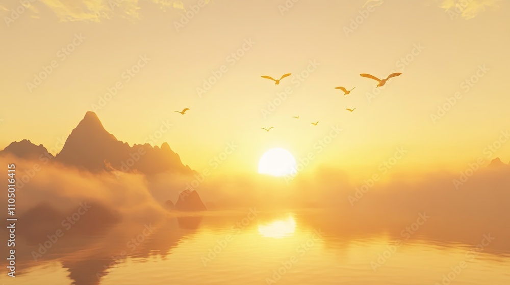 Obraz premium An expansive minimalistic view of birds flying in V formation through a bright yellow and orange dawn sky, with sharp, photo-real details and a soft glow in hyper-real 8K quality.
