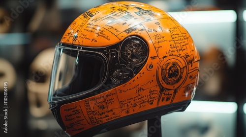 An eye-catching motorcycle helmet in bright orange, decorated with Da Vinci iconic mechanical sketches and handwritten notes. The design blends classical art with modern functionality. photo