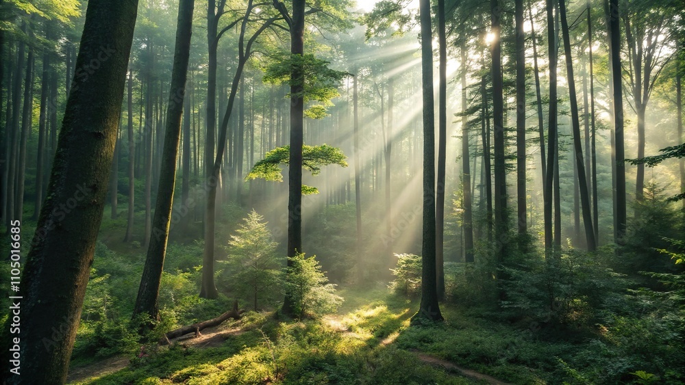 Naklejka premium High-angle shot of a dense forest with sunlight filtering through the trees, earthy tones, tree canopy, greenery, outdoor setting, natural scenery