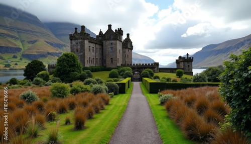 Gray castle with stone battlements overlooking a valley photo