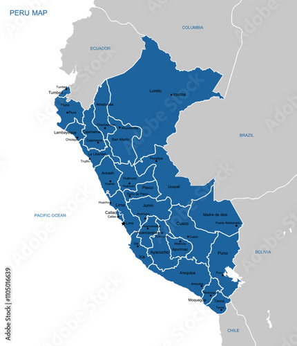 Map of the Republic of Peru with the regions colored in bright colors and the main cities.