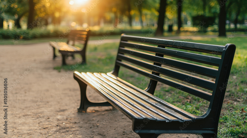 Recycle upcycling management concept. A serene park scene featuring empty benches bathed in warm sunlight, inviting relaxation and contemplation in a natural setting.