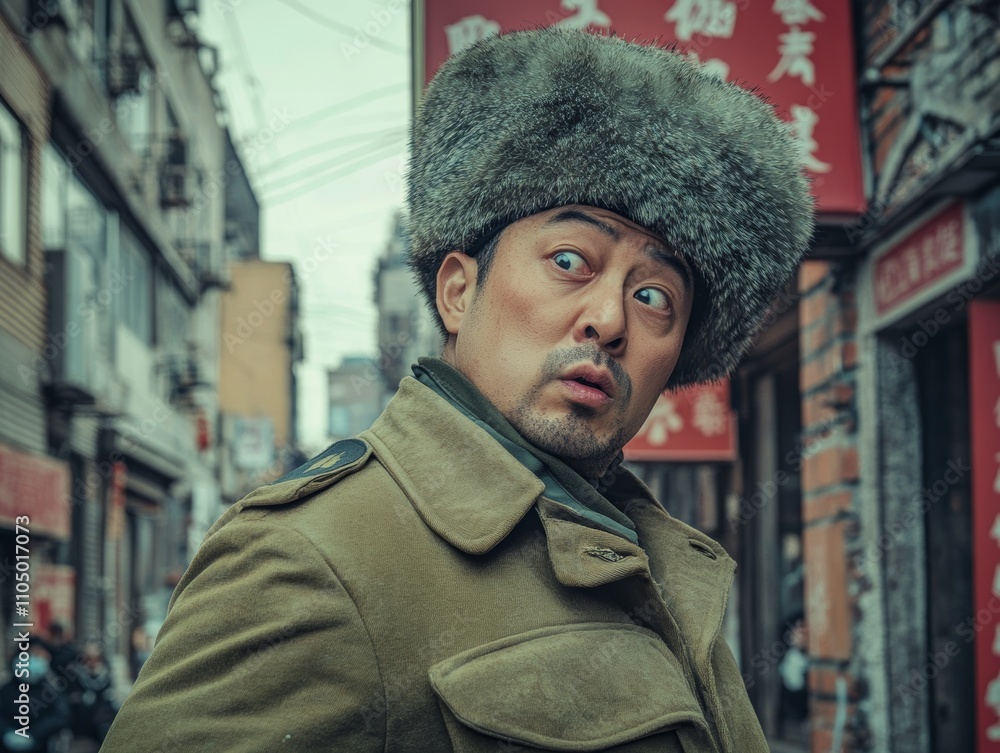 A man wearing a fur hat and military coat looks surprised on a busy urban street, surrounded by buildings and signs. A man wearing a fur hat and military coat looks surprised on a busy urban street, surrounded by buildings and signs.