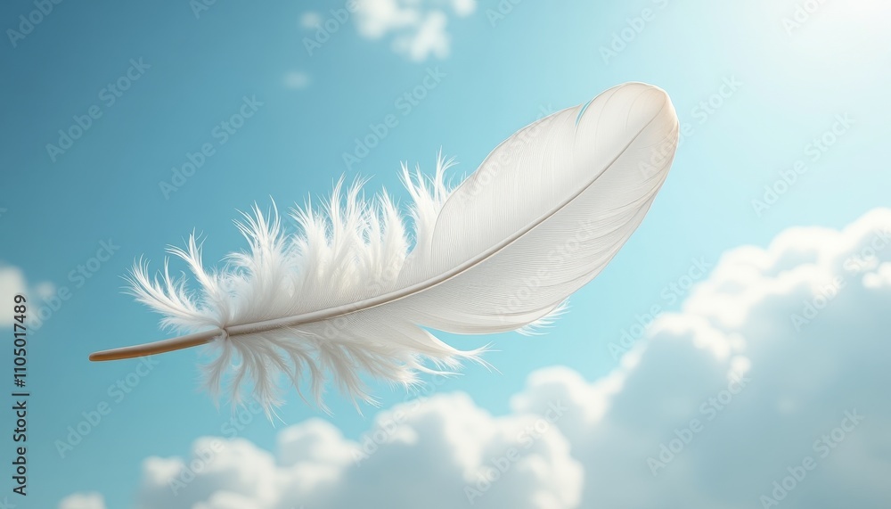 Fototapeta premium Single feather floating against blue sky with clouds