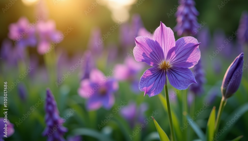 Fototapeta premium Violet blossoms in a field Purple flowers at sunset Blooming wild