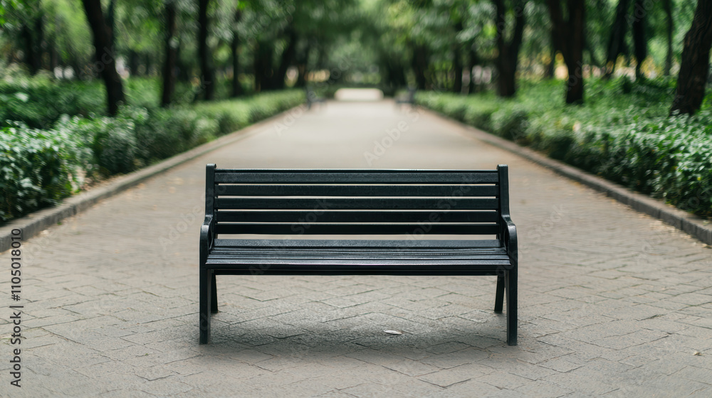 Recycle upcycling management concept. A serene park scene featuring a black bench centered on a path, surrounded by lush greenery and trees, inviting relaxation and contemplation. Recycle upcycling management concept. A serene park scene featuring a black bench centered on a path, surrounded by lush greenery and trees, inviting relaxation and contemplation.