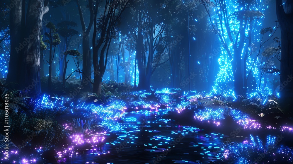 A magical forest with a glowing stream at night. A magical forest with a glowing stream at night.