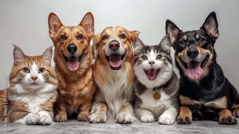 A joyful group of five pets, including cats and dogs, posing together with happy expressions against a neutral background. A joyful group of five pets, including cats and dogs, posing together with happy expressions against a neutral background.
