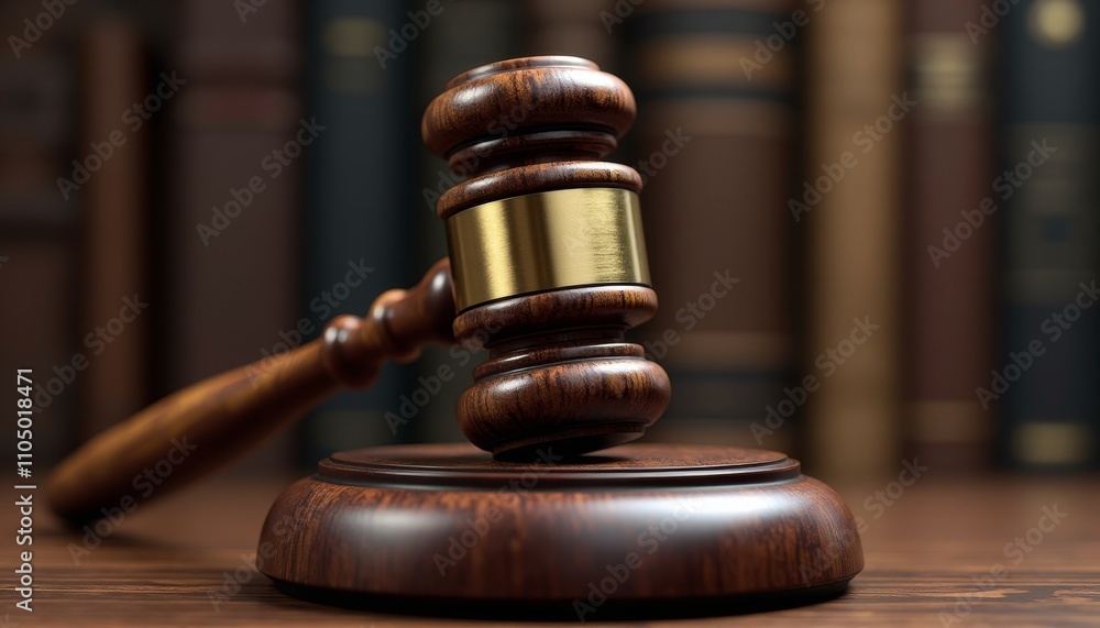 Golden wooden gavel with dark handle resting on brown base against bookshelf backdrop Golden wooden gavel with dark handle resting on brown base against bookshelf backdrop