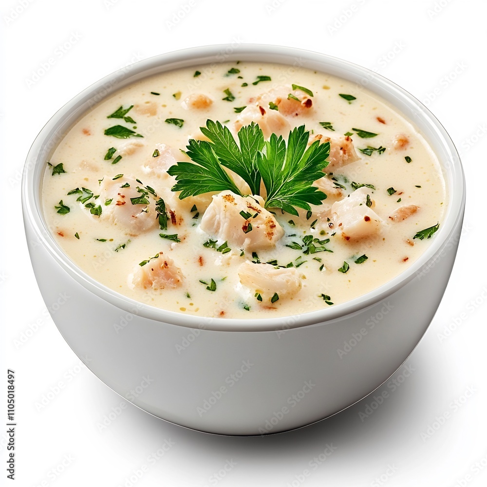 Clam Chowder Soup in White Bowl on Plain Background Clam Chowder Soup in White Bowl on Plain Background