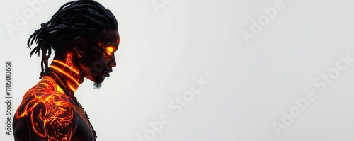 A tribal warrior silhouette with glowing magical tattoos, standing against a plain white background for emphasis photo