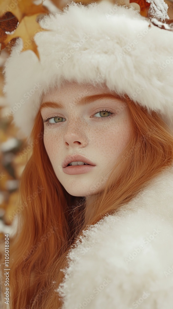 A young redheaded woman gazes warmly, adorned in fluffy winter wear and surrounded by autumn leaves, capturing cozy seasonal beauty. A young redheaded woman gazes warmly, adorned in fluffy winter wear and surrounded by autumn leaves, capturing cozy seasonal beauty.